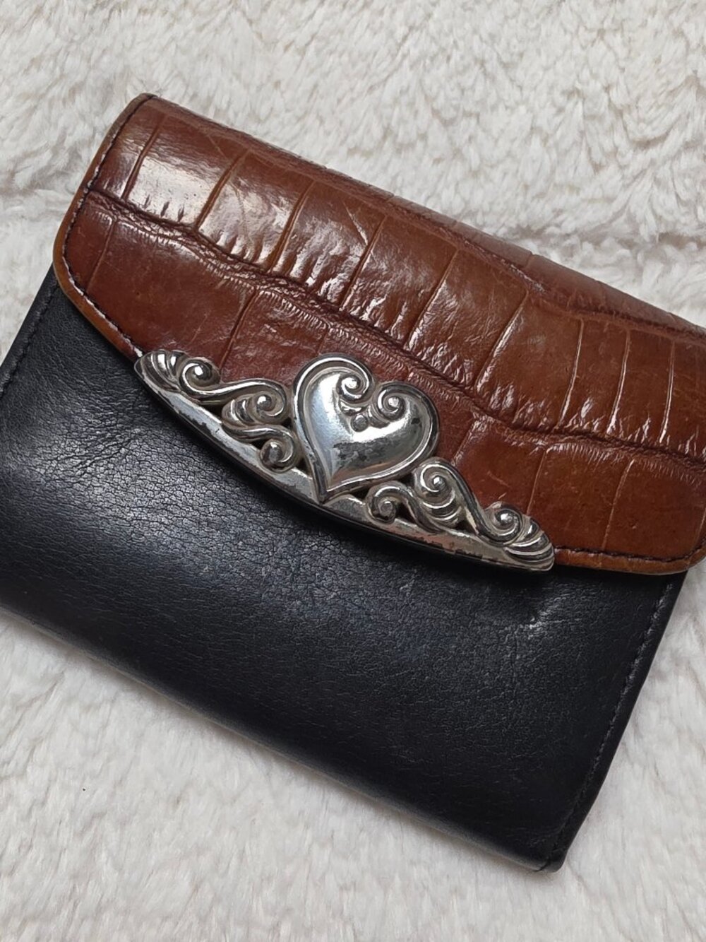 Vintage 90s Brighton Crossbody Wallet Brown and Black Leather Heart Clasp